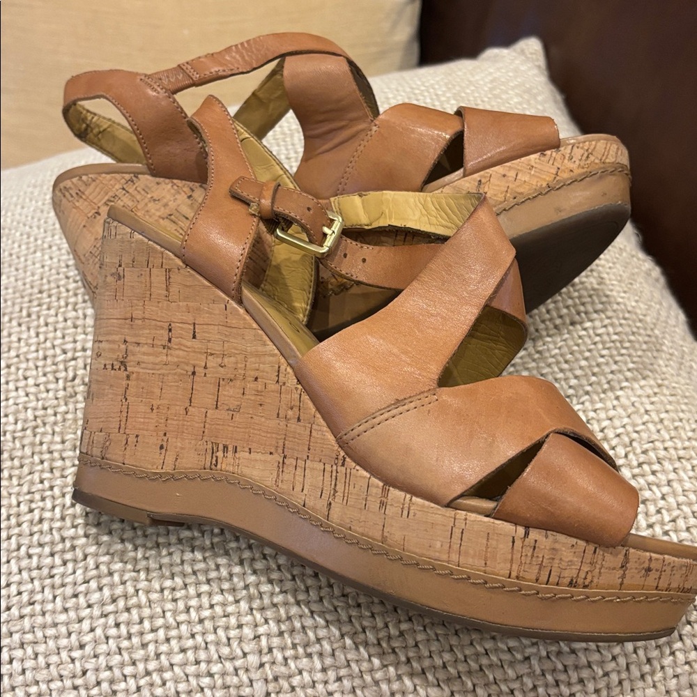 Women's Tan Cork Wedge and Tan Leather Sandals